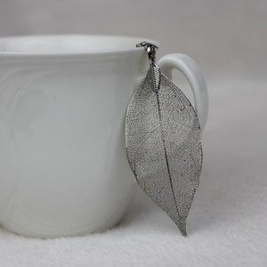 Dynamite, Real Leaf Skeleton Filigree Pendant Chain Necklace, 16" long, Silver